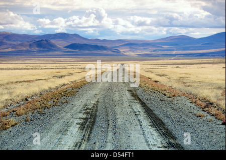 Open road: 4x4 or offroad trail or track stretching ahead through desert scrubland toward mountains, in North West Nevada, US Stock Photo