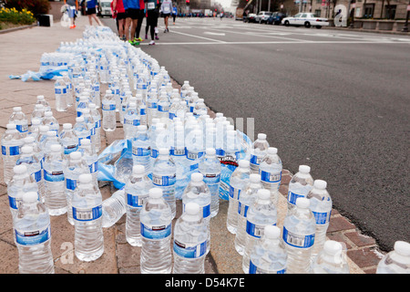 Bottled water lined up for race runners Stock Photo