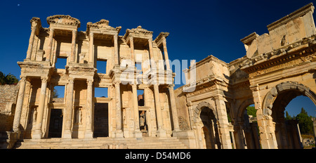 Panorama of Library of Celsus and Mazaeus and Methridates gates to the Tetrogonos Agora of Ephesus Turkey Stock Photo
