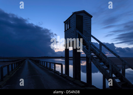 Lindisfarne causeway refuge box in evening light, Isle of Lindisfarne, Northumberland, England, UK Stock Photo