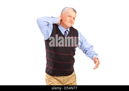 A gentleman suffering from a neck pain isolated on white background Stock Photo