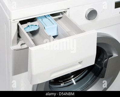 Close-up of detergent box in washing machine. Stock Photo