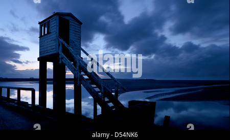 Lindisfarne causeway refuge box in evening light, Isle of Lindisfarne, Northumberland, England, UK Stock Photo