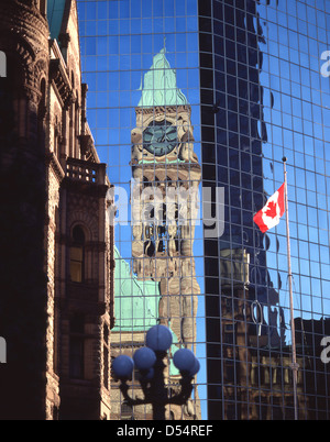 Clock tower of The Centre Block (Édifice du centre) reflected in skyscaper, Parliament Hill, Ottawa, Ontario Province, Canada Stock Photo