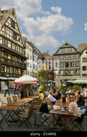 Street Cafe on Rue du Maroquin, Strasbourg, Alsace, France Stock Photo