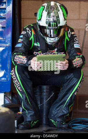 March 22, 2013 - Fontana, CA, U.S. - Fontana, CA - MAR 22, 2013: Kyle Busch (18) takes a moment to review practice for the Auto Club 400 at the Auto Club Speedway in Fontana, CA.