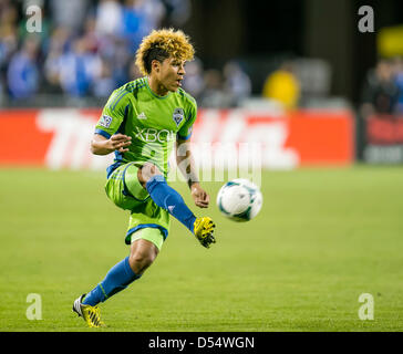 Santa Clara, California, USA. 23rd March 2013. Seattle Sounders defender DeAndre Yedlin in action during the the MLS game between the Seattle Sounders and the San Jose Earthquakes at Buck Shaw Stadium in Santa Clara CA. San Jose defeated Seattle 1-0. Credit:  Cal Sport Media / Alamy Live News Stock Photo