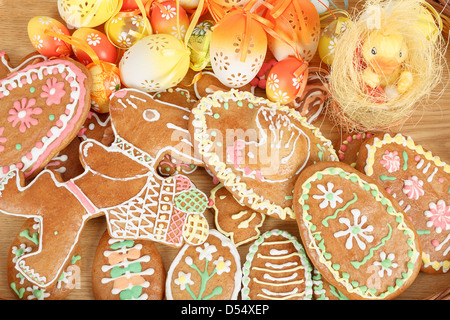 collection of easter gingerbreads and painted eggs Stock Photo