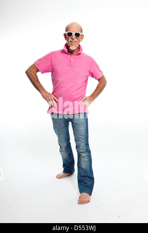 Funny expressive senior man with sunglasses. Isolated. Stock Photo