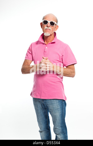 Funny expressive senior man with sunglasses. Isolated. Stock Photo