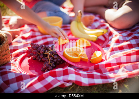 Fruit on picnic blanket in field Stock Photo