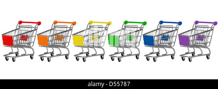 Six shopping carts in rainbow colors in a row Stock Photo