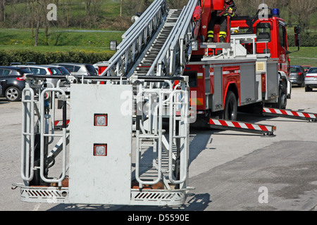 fire truck with the stowed ready to get firefighters Stock Photo