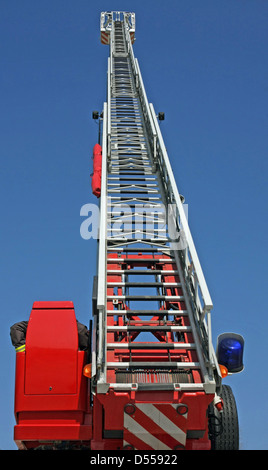 highest platform of a fire truck during a practice session in the Firehouse Stock Photo