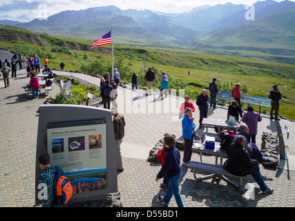 Park visitors and view south of Alaska Range, Eielson Visitor Center, Denali National Park, Alaska, USA Stock Photo
