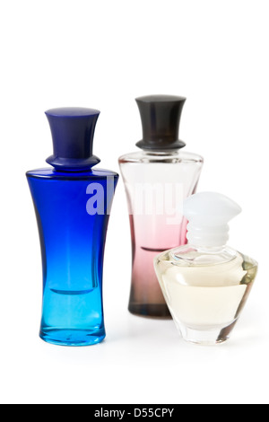 Three bottles of perfume are photographed on the white background Stock Photo