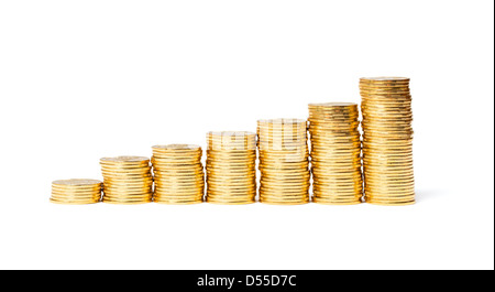 Columns of golden coins isolated on white Stock Photo