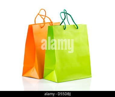 Two paper Shopping bags with reflection on white Stock Photo