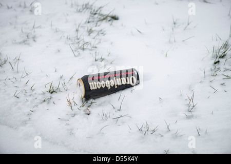 Empty can of strong larger beer in snow , Warwickshire, England, UK Stock Photo