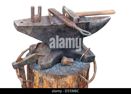 Old anvil with blacksmith tools isolated on white background Stock Photo