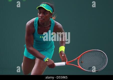 March 25, 2013 - Miami, Florida, U.S - Sloane Stephens of USA serves to Agnieszka Radwanska of Poland in the third round match at the Sony Open at Crandon Park Tennis Center on March 24, 2013 in Key Biscayne, Florida. (Credit Image: © Joe Scarnici/ZUMAPRESS.com) Stock Photo