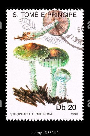 Postage stamp from Saint Thomas and Prince Islands depicting the verdigris agaric mushroom (Stropharia aeruginosa) Stock Photo