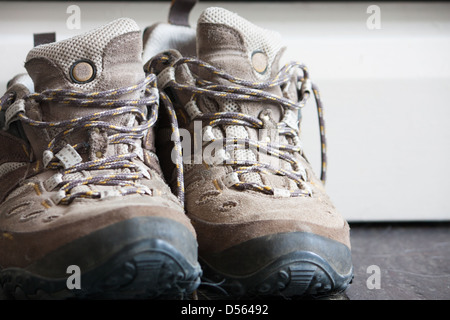 A pair of old worn hiking shoes close up Stock Photo