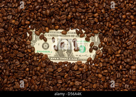 A a dollar bill is covered with coffee beans in Berlin, Germany, 28 October 2010. About 50 countries in the world cultivate coffee at the moment. The coffee plant's country of origin is held to be Ethiopia. Slave traders brought the berries from the coffee plant with them to Arabia in the 14th century. Photo: Soeren Stache Stock Photo