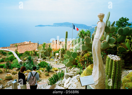 At the very top of the mediaeval hilltop village of Eze overlooking Cap Ferrat near Monaco is an exotic garden of cacti Stock Photo