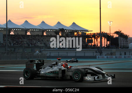 German driver Michael Schumacher of Mercedes GP during Qualfying session at Yas Marina Circuit race track in Abu Dhabi, United Arab Emirates, 13 November 2010. Germany's Vettel of Red Bull claimed pole position ahead of Britain's Hamilton of McLaren Mercedes and Spain's Alonso of Scuderia Ferrari. The title-decisive 2010 Formula One season finale will be held on 14 November at Yas  Stock Photo