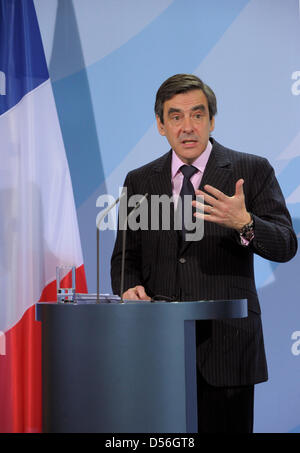 French Prime Minister Francois Fillon speaks at a press conference in the Chancellery in Berlin, Germany, 10 March 2010. Fillon discussed the German-French agenda 2020 with German Chancellor Merkel. Photo: Soeren Stache Stock Photo
