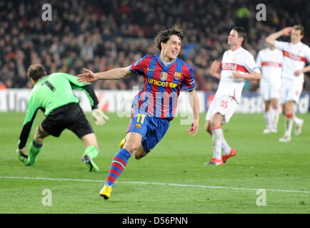 Barcelona's Bojan Krkic celebrates his goal during UEFA Champions League round of 16 match FC Barcelona vs VfB Stuttgart at Camp Nou stadium of Barcelona, Spain, 17 March 2010. Barcelona thrashed Stuttgart 4-0 in the second leg and moves up to quarter-finals winning 5-1 on aggregate. Photo: Bernd Weissbrod Stock Photo