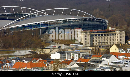 Aerial view of the Central Stadium ('Zentralstadion') in Leipzig, Germany, 24 March 2010. Leipzig's City Council allowed an application to rename the stadium in 'Red Bull Arena'. Beverage company Red Bull is involved with soccer in Leipzig. In the long run, main sponsor Red Bull plans to be promoted into the German Bundesliga and play in the Central Stadium with the soccer team RB  Stock Photo