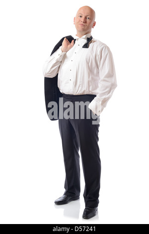 man in tuxedo with jacket off relaxed isolated on white Stock Photo