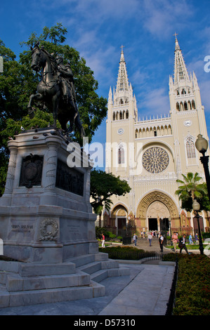 Monument to Simon Bolivar and Metropolitan Cathedral of Guayaquil in Ecuador Stock Photo