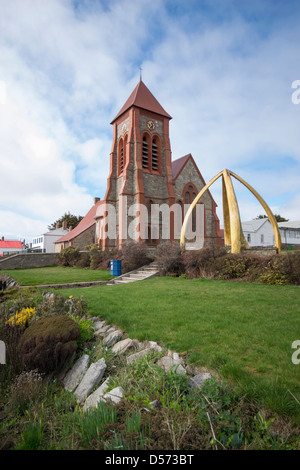 Christ Church cathedral in spring with whalebone arch, Ross Road, Stanley, Falkland Islands Stock Photo
