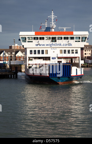 St. Faith leaving Gunwharf Ferry Terminal in Portsmouth, Hampshire, UK on a sailing to Fishbourne on the Isle of Wight Stock Photo