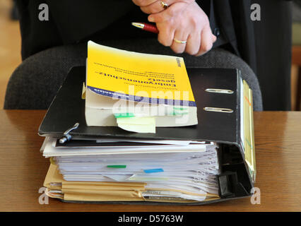An edition of German Embryo Protection Act lies on the table at higher regional court in Rostock, Germany, 19 April 2010. The court will handle an appeal between a 29-year-old widow and a hospital in the row over unfreezing fertilised ovums. Regional court Neubrandenburg had ruled that the ovums are not to be unfrozen and in-vitro fertilised. The sperms derive from the widow's husb Stock Photo