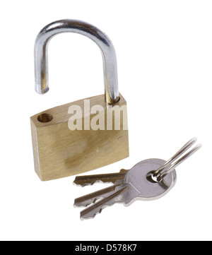 Open padlock and keys isolated on white Stock Photo
