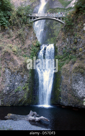 Multnomah Falls Benson Footbridge Bridal Veil Oregon, Multnomah Falls waterfall on Oregon side of Columbia River Gorge, Stock Photo