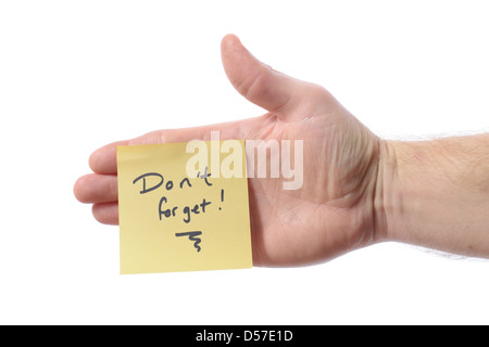 post it note with don't forget as a reminder note on hand isolated on white Stock Photo