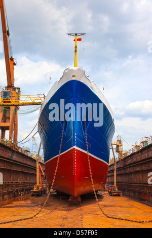 Ship in dry dock during the overhaul. Stock Photo