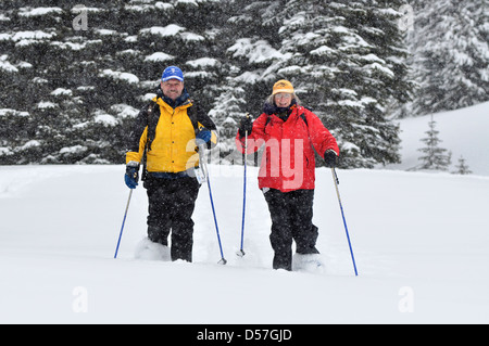 Snowshoeing at Anthony Lake in Oregon's Elkhorn Mountains. Stock Photo