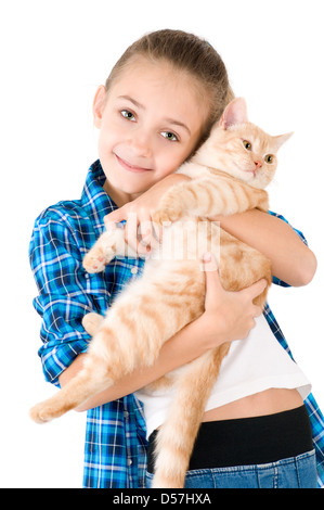 The girl with a red kitten of breed Scottish-straight are photographed on the white background Stock Photo