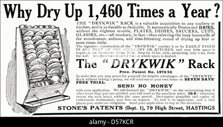 Advert advertising The Drykwik Rack for drying crockery. Original 1920s era vintage advertisement print from English magazine. Stock Photo