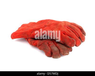 Two red gloves on white background.. The gloves are protective wear. Stock Photo