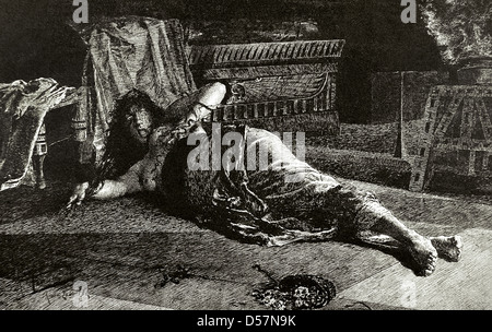 Cleopatra VII Philopator (69-30 BC). Queen of Egypt. The death of Cleopatra. Engraving in The Artistic Illustration, 1888. Stock Photo