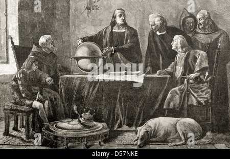 Christopher Columbus (1451-1506). Genoese navigator. Columbus at the Convent of La Rabida. Engraving. Stock Photo