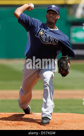 March 26, 2013 - St. Petersburg, Florida, U.S. - JAMES BORCHUCK   |   Times ..Roberto Hernandez delivers during the Rays game against the Philadelphia Phillies at Bright House Field Tuesday, March 26, 2013 in Clearwater FL. (Credit Image: © James Borchuck/Tampa Bay Times/ZUMAPRESS.com) Stock Photo
