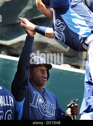 St. Petersburg, Florida. 26th March 26, 2013. Jason Bourgeois is congratulated in the dugout after scoring in the third during the Rays game against the Philadelphia Phillies at Bright House Field Tuesday, March 26, 2013 in Clearwater FL. (Credit Image: Credit:  James Borchuck/Tampa Bay Times/ZUMAPRESS.com/Alamy Live News) Stock Photo